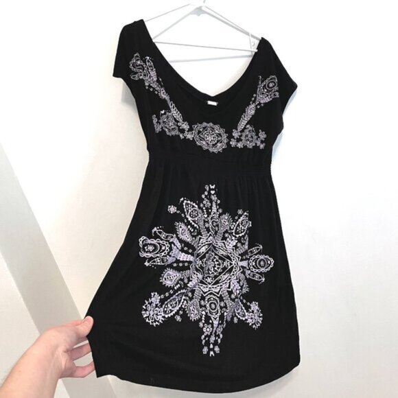 VENUS Printed Beach Dress Empire Waist Dress / Swimsuit Cover Up Black Boho XL - Picture 8 of 12